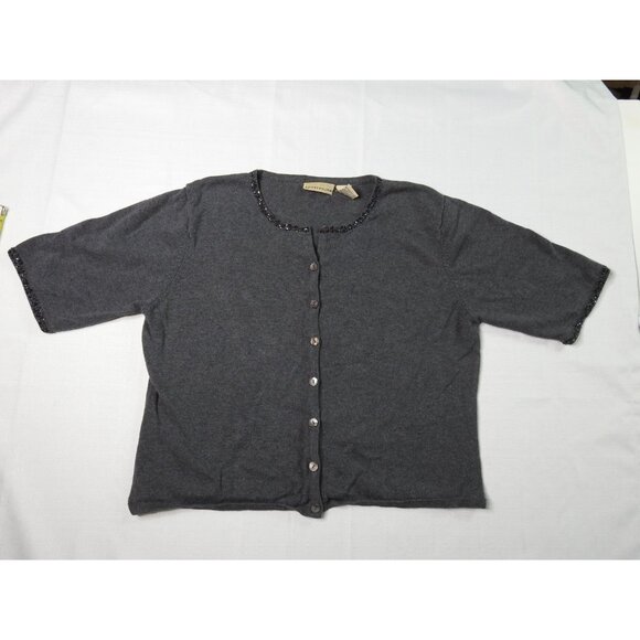 Apostrophe Gray Beaded Trim Short Sleeve Cardigan Sweater Sz L - Picture 1 of 6